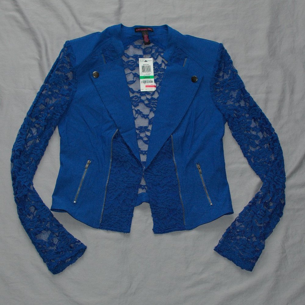 NWT blue moto inspired jacket with lace sleeves and back